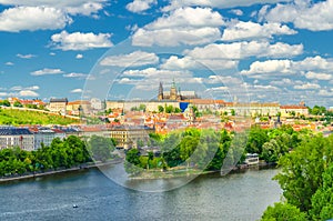 Aerial panoramic view of Prague city, historical center with Prague Castle, St. Vitus Cathedral