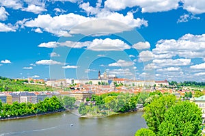 Aerial panoramic view of Prague city, historical center with Prague Castle, St. Vitus Cathedral in Hradcany district