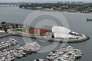 Aerial panoramic view of the Rady Shell Concert Venue at Jacobs Park in San Diego, California