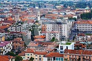 Aerial panoramic view of the residential buildings in Lower Bergamo Citta Bassa. Italy