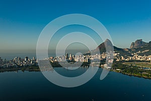 Aerial, panoramic view of Rio de Janeiro, Dois Irmaos and Pedra de Gavia