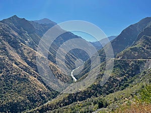 Aerial panoramic view of the river between the mountains of Kings Canyon National Park