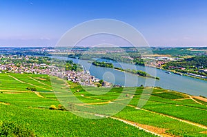 Aerial panoramic view of river Rhine Gorge or Upper Middle Rhine Valley