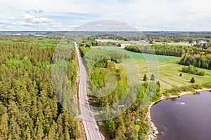 Aerial panoramic view of road in Kouvola near the river Kymijoki, Finland photo