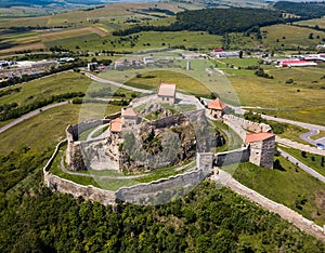 Aerial panoramic view of Rupea Fortress, Transylvania, Romania. Medieval fortress and saxon landmark of Transylvania in
