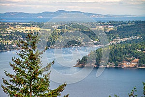 Aerial panoramic view of Saanich Inlet in Vancouver Island, Canada