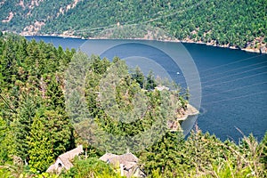 Aerial panoramic view of Saanich Inlet in Vancouver Island, Canada