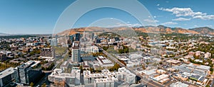 Aerial panoramic view of the Salt Lake City skyline Utah