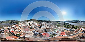 Aerial panoramic view of Sanlucar de Guadiana village in 360 degrees.