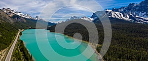 Aerial panoramic view of the scenic Waterfowl Lakes on the Icefields Parkway in Banff National Park