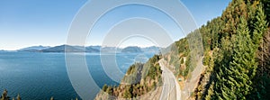 Aerial Panoramic View of Sea to Sky Highway on Pacific Ocean West Coast.