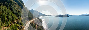 Aerial Panoramic View of Sea to Sky Highway on Pacific Ocean West Coast.