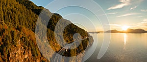 Aerial Panoramic View of Sea to Sky Highway on Pacific Ocean West Coast.