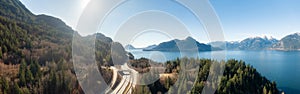 Aerial Panoramic View of Sea to Sky Highway on Pacific Ocean West Coast.