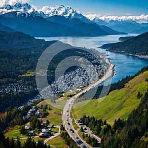 Aerial Panoramic View of Sea to Sky Highway on Pacific Ocean West Coast. Sunny Winter Day. Located in Howe Sound