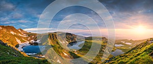 Aerial panoramic view of Seven Rila lakes and waterfalls in nature of mountain range, hiking, trekking and tourism in Bulgaria