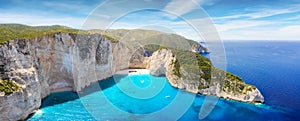 Aerial panoramic view of the shipwreck beach at Zakynthos island, Ionian Sea, Greece photo