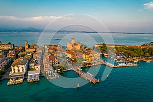 Aerial panoramic view of Sirmione city on lake Garda in Lombardy, Italy