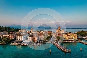 Aerial panoramic view of Sirmione city on lake Garda in Lombardy, Italy