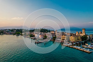 Aerial panoramic view of Sirmione city on lake Garda in Lombardy, Italy