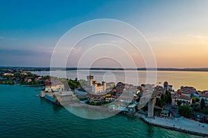 Aerial panoramic view of Sirmione city on lake Garda in Lombardy, Italy