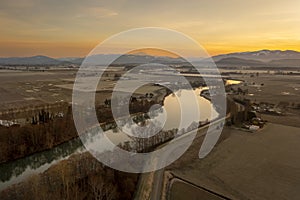 Aerial Panoramic View of the Skagit River and Surrounding Farmlands.