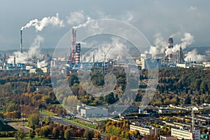 aerial panoramic view on smoke of pipes of chemical or wooden enterprise plant. Industrial landscape environmental pollution waste