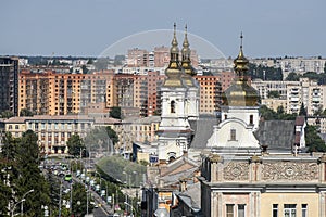 Aerial panoramic view of Soborna Street and Orthodox Holy Transfiguration Cathedral in Vinnytsia, Ukraine. July 2020