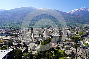 Aerial panoramic view of Sondrio town in Valtellina valley, Lombardy, Italy