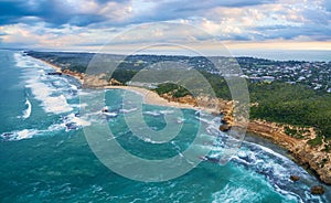 Aerial panoramic view of Sorrento Ocean Beach and beautiful coastline in the morning. Mornington Peninsula, Melbourne, Australia.