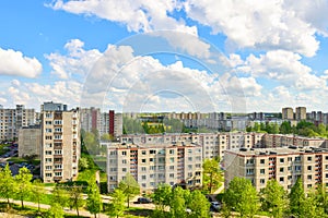 Aerial panoramic view of the southern part of Siauliai city in Lithuania.Old soviet union buildings with green nature