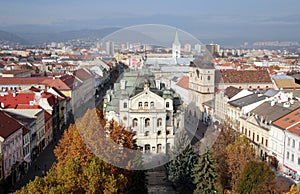 Aerial panoramic view Statne divadlo - State theatre of KoÅ¡ice from Elisabeth Cathedral in autumn, Kosice, Slovakia