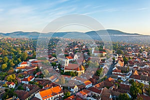 Aerial panoramic view about Szentendre downtown on a foggy spring morning..