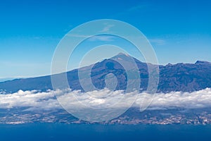 Aerial panoramic view on Tenerife island with peak of Mount Teide, volcatic landscape, Canary islands, Spain