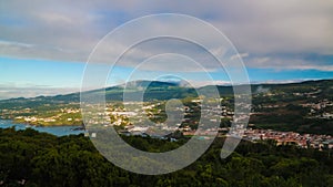 Aerial panoramic view to Angra do Heroismo from Monte Brasil mountain, Terceira, Azores, Portugal