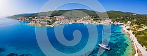 Aerial, panoramic view to the beautiful town of Fiscardo, Kefalonia island, Greece