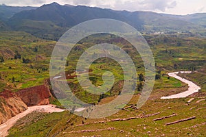 Aerial panoramic view to Colca canyon from the antahuilque viewpoint, Chivay, Arequipa, Peru