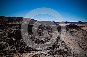 Aerial panoramic view to El Berdj mountain and erg gorge in Tassili nAjjer national park, Algeria