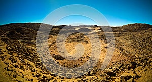 Aerial panoramic view to El Berdj mountain and erg gorge in Tassili nAjjer national park, Algeria