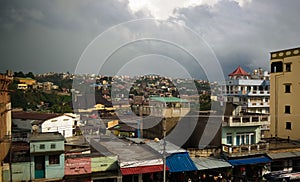 Aerial panoramic view to Fianarantsoa city at sunset , Madagascar