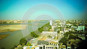 Aerial panoramic view to Khartoum, Omdurman and confluence of the Blue and White Niles in Sudan photo