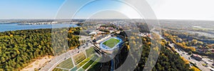 Aerial panoramic view to Lahti city and sports centre at autumn morning, Finland
