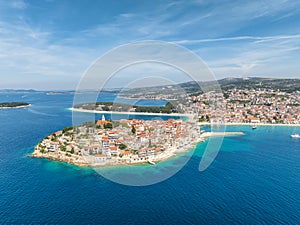 Aerial panoramic view with town of Primosten in Croatia