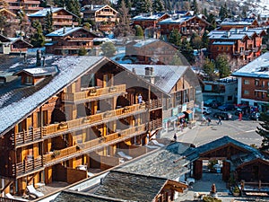 Aerial panoramic view of the Verbier ski resort town in Switzerland.