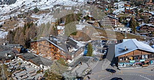 Aerial panoramic view of the Verbier ski resort town in Switzerland.