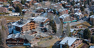 Aerial panoramic view of the Verbier ski resort town in Switzerland.