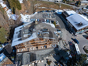 Aerial panoramic view of the Verbier ski resort town in Switzerland.