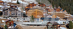 Aerial panoramic view of the Verbier ski resort town in Switzerland.