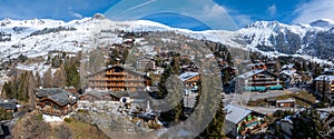 Aerial panoramic view of the Verbier ski resort town in Switzerland.