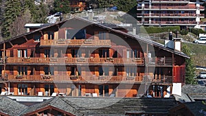 Aerial panoramic view of the Verbier ski resort town in Switzerland.